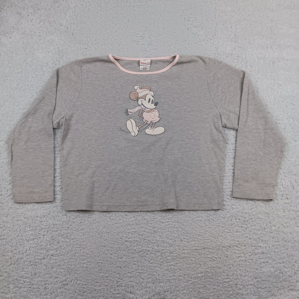 Disney Top Mickey Mouse Women L Gray Embroidered Winter Ringer LS1585